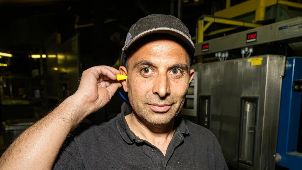 Medewerker met gehoorbescherming.